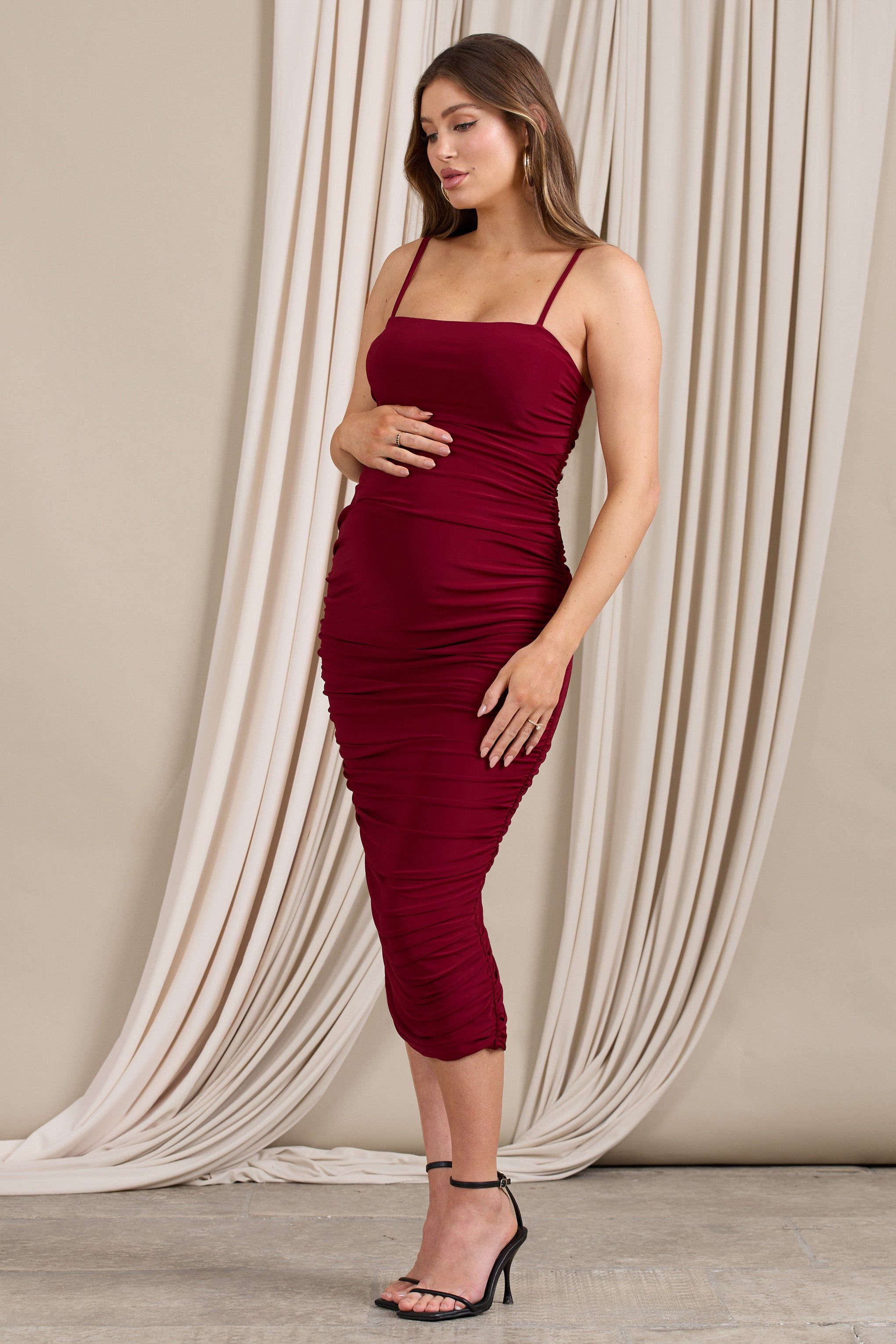 Sentimental | Wine Red Maternity Midi Dress with Cami Straps and Ruching sold by Club L London product image thumbnail 5