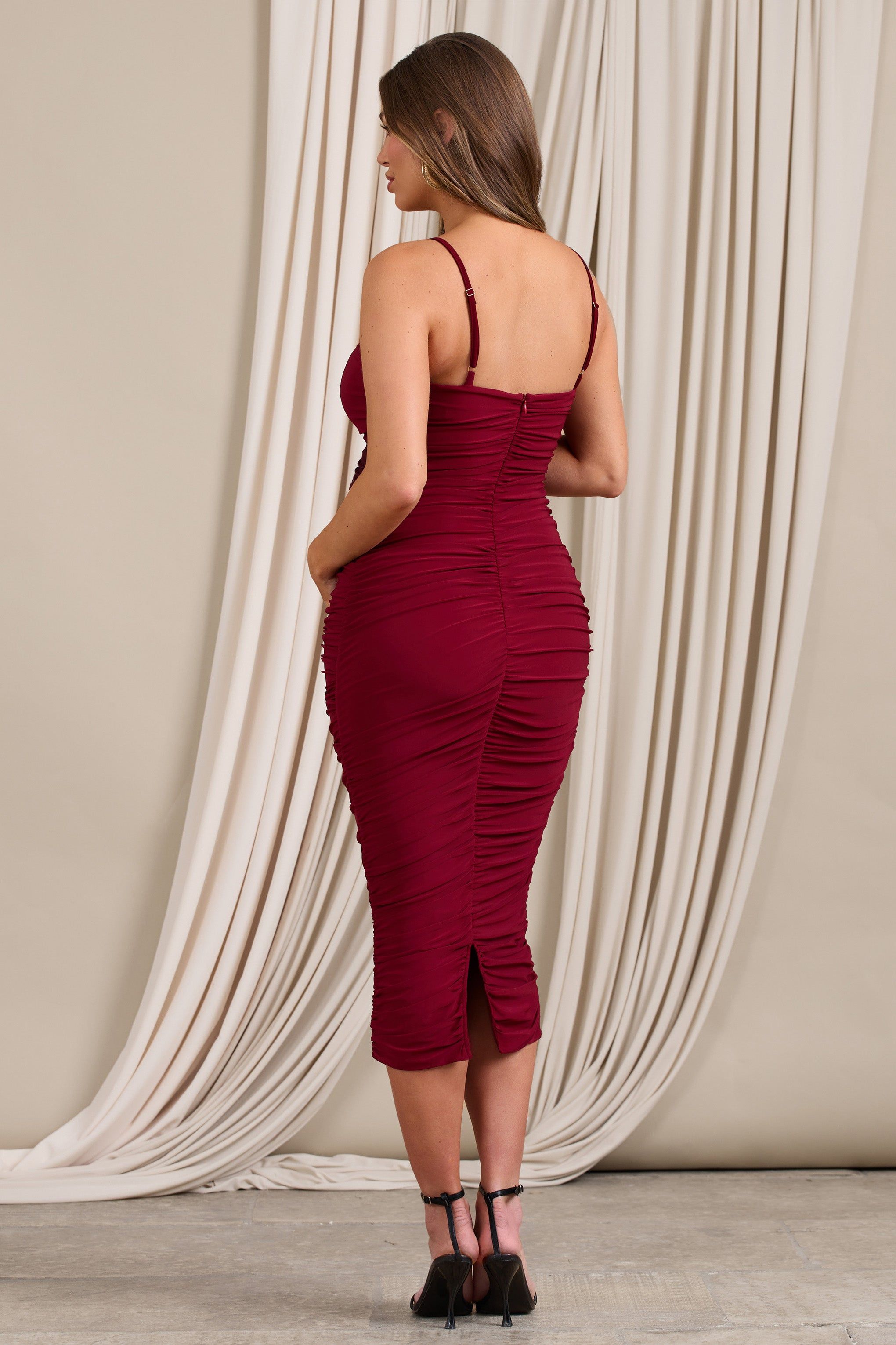 Sentimental | Wine Red Maternity Midi Dress with Cami Straps and Ruching sold by Club L London product image thumbnail 2
