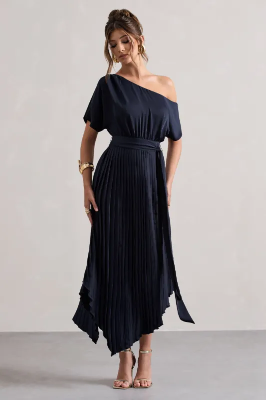 India | Navy Satin Asymmetric Plisse Maxi Dress sold by Club L London