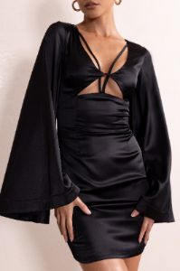 Aubrey | Black Plunge Neck Kimono Sleeve Mini Dress sold by Club L London