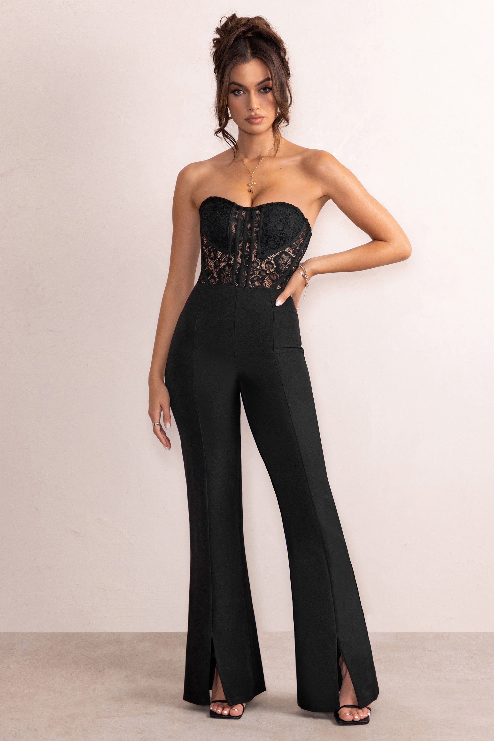 Mimi | Black Strapless Lace Corset Flared Leg Jumpsuit sold by Club L London