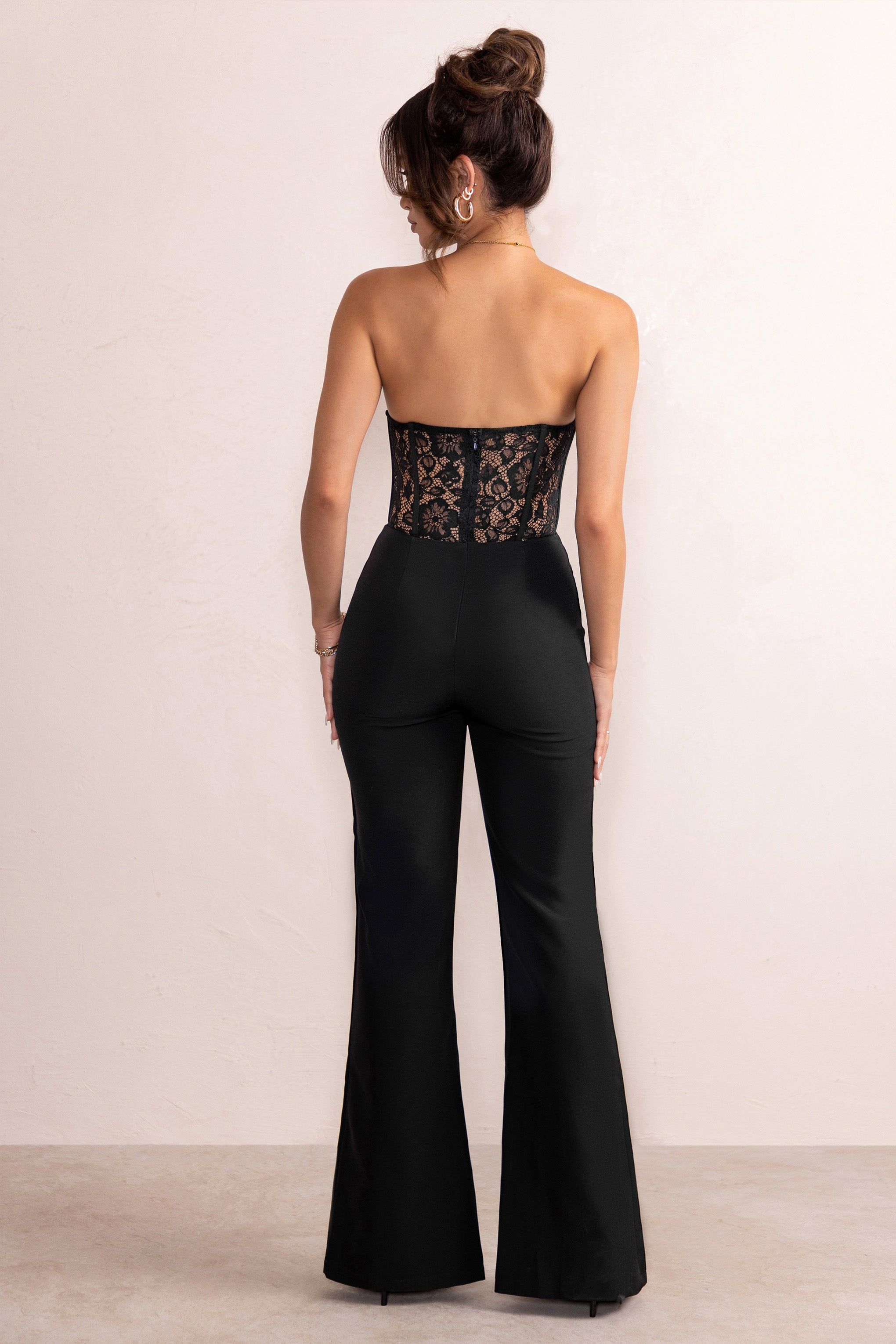 Mimi | Black Strapless Lace Corset Flared Leg Jumpsuit sold by Club L London product image thumbnail 2