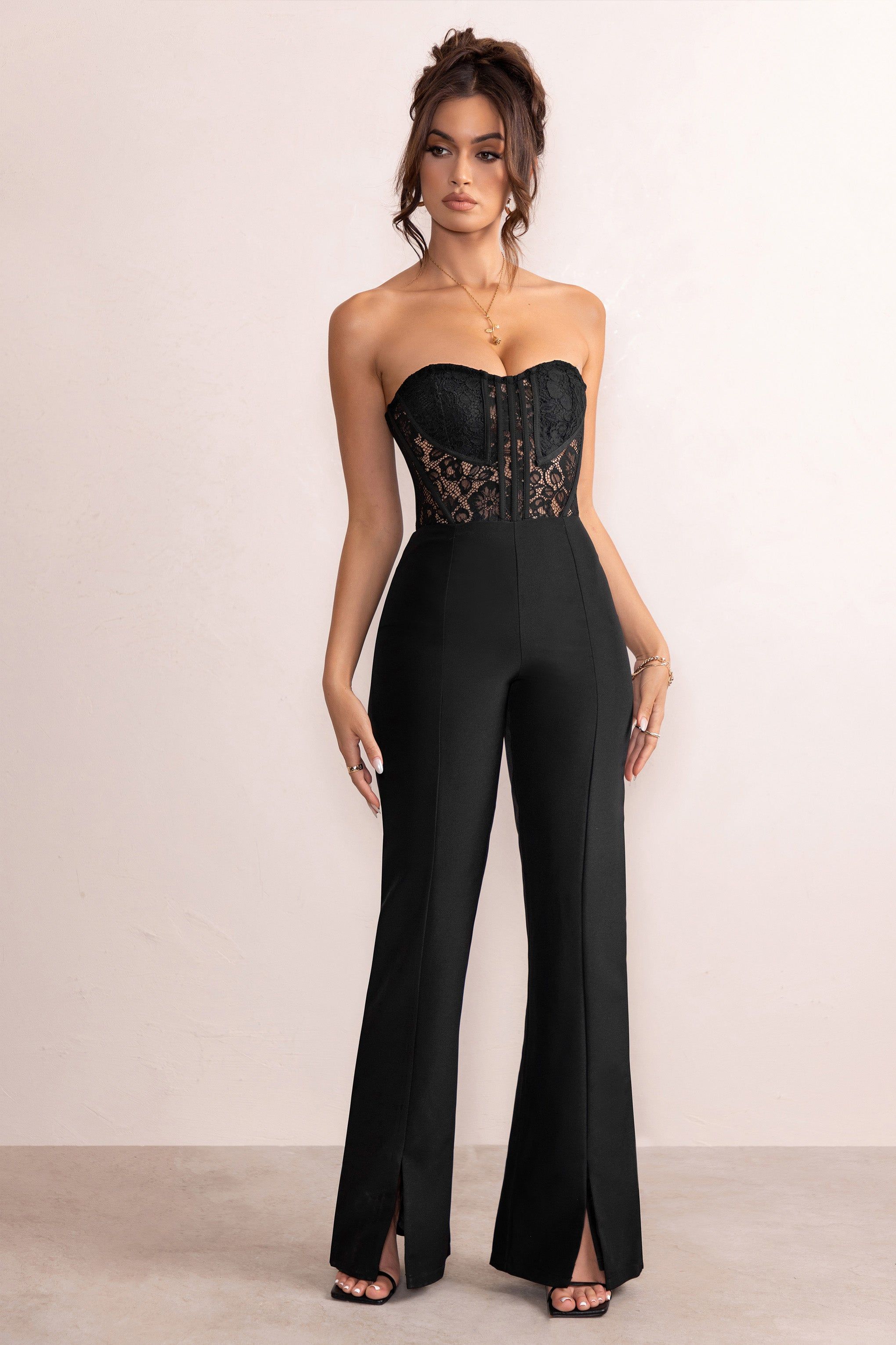 Mimi | Black Strapless Lace Corset Flared Leg Jumpsuit sold by Club L London product image thumbnail 4