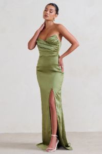 Coraline | Olive Strapless Maxi Dress With Split sold by Club L London