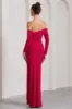 Stand Out | Red Bardot Ruched Maxi With Sleeves And Side Split sold by Club L London