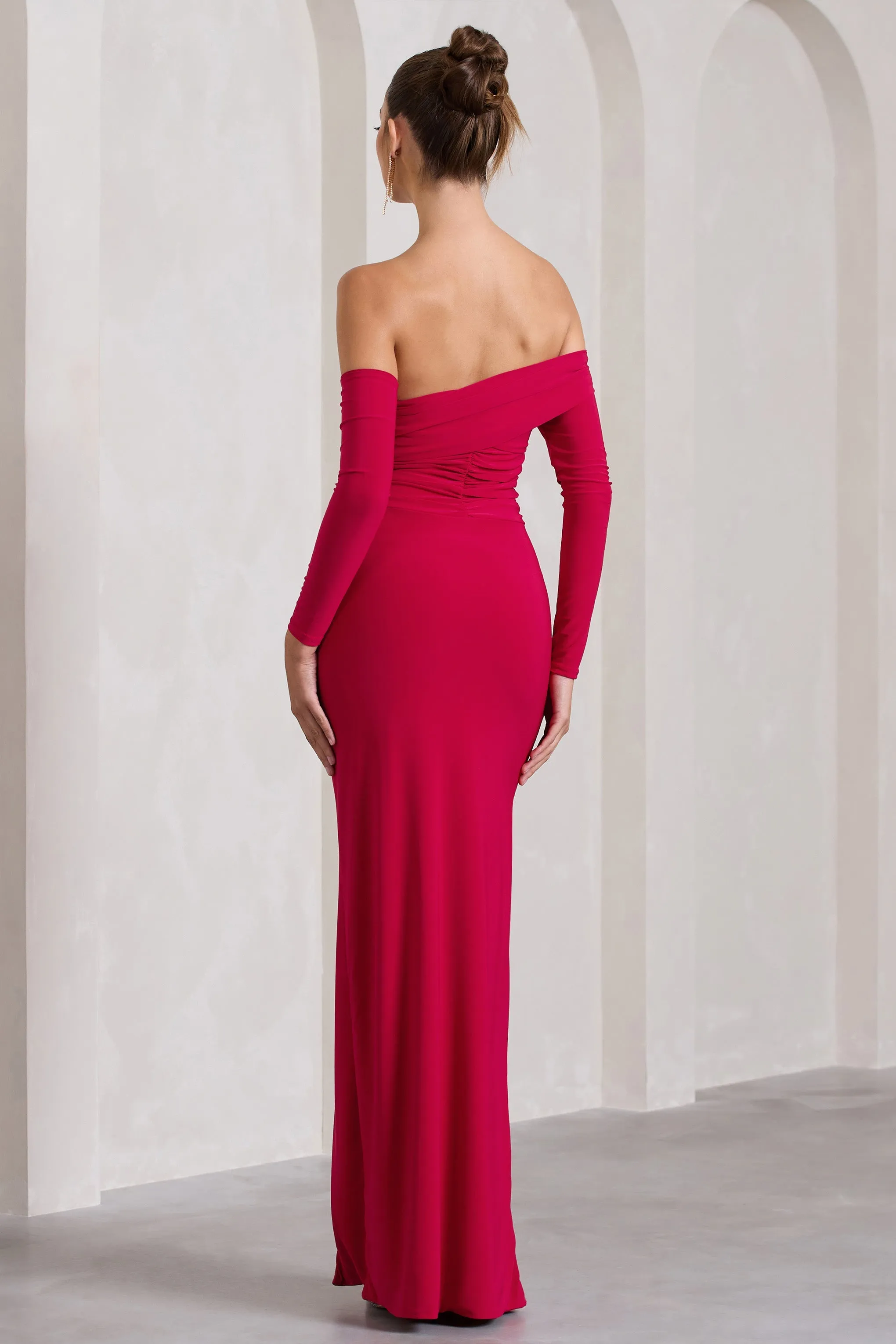 Stand Out | Red Bardot Ruched Maxi With Sleeves And Side Split sold by Club L London product image thumbnail 2