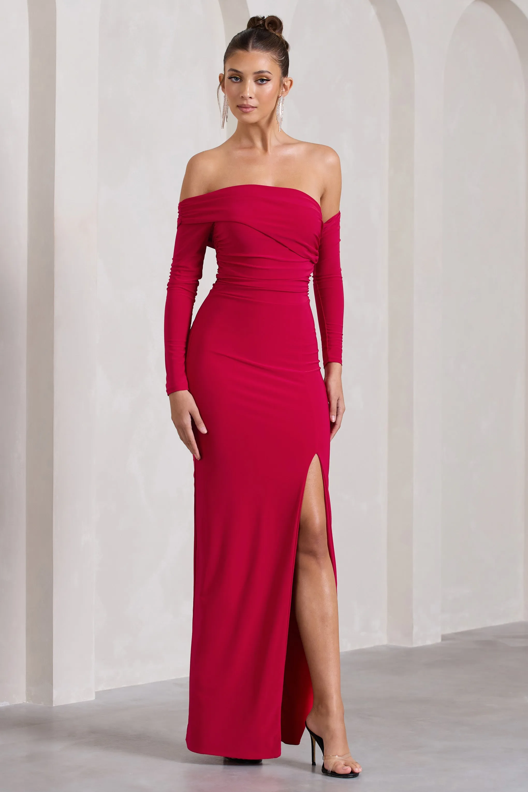 Stand Out | Red Bardot Ruched Maxi With Sleeves And Side Split sold by Club L London