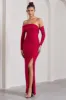 Stand Out | Red Bardot Ruched Maxi With Sleeves And Side Split sold by Club L London