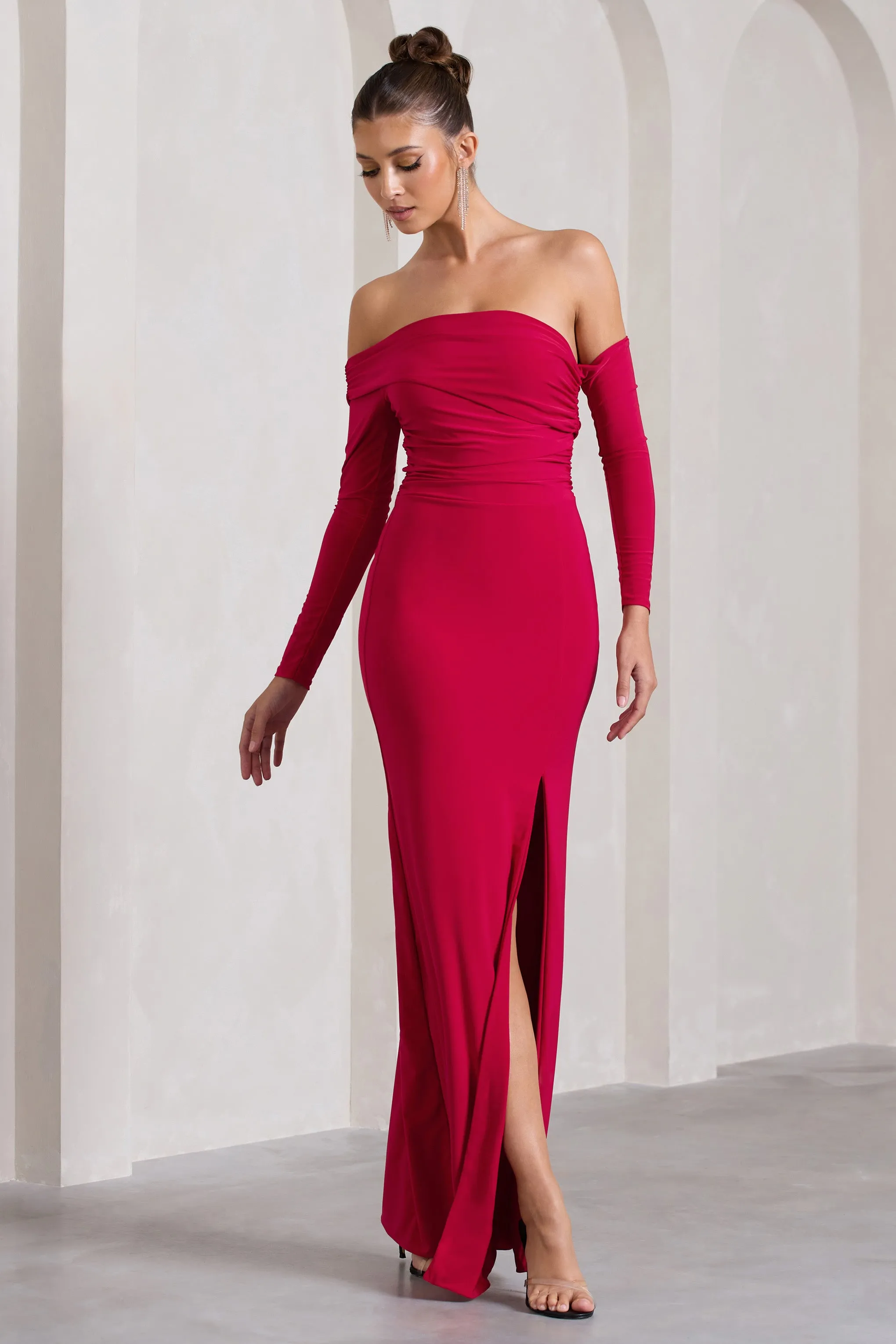 Stand Out | Red Bardot Ruched Maxi With Sleeves And Side Split sold by Club L London product image thumbnail 4