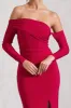 Stand Out | Red Bardot Ruched Maxi With Sleeves And Side Split sold by Club L London