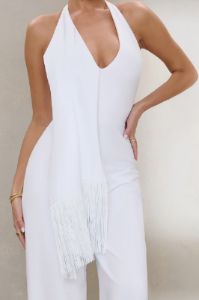 Unforgettable | White Jumpsuit With Tassel Drape Detail sold by Club L London