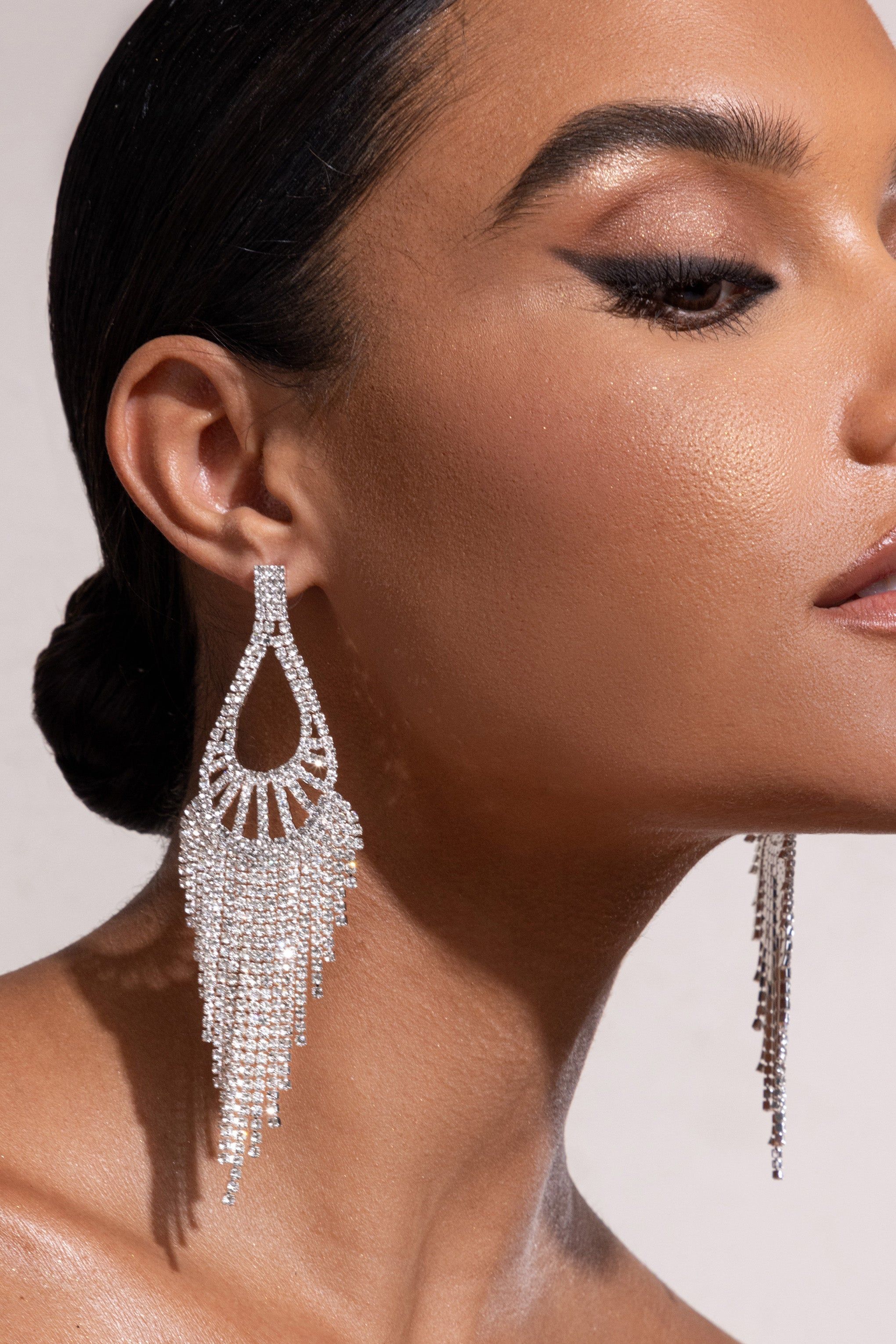 Alessia | Silver Diamante Teardrop Tassel Earrings sold by Club L London product image thumbnail 2