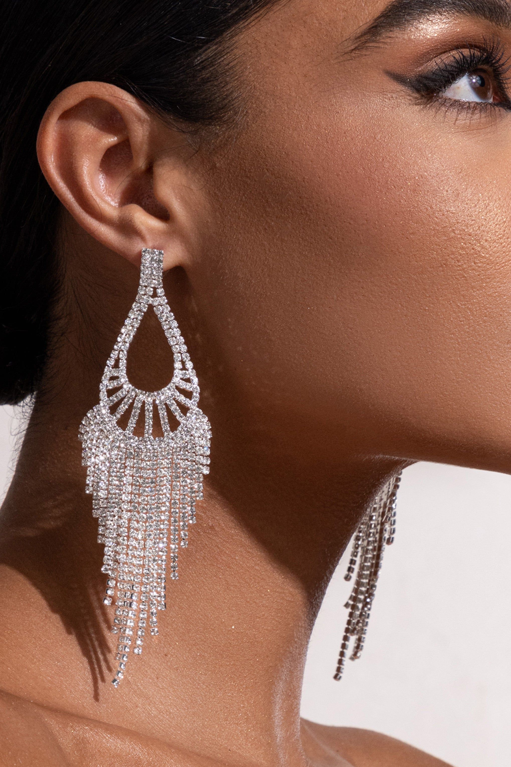 Alessia | Silver Diamante Teardrop Tassel Earrings sold by Club L London product image thumbnail 3