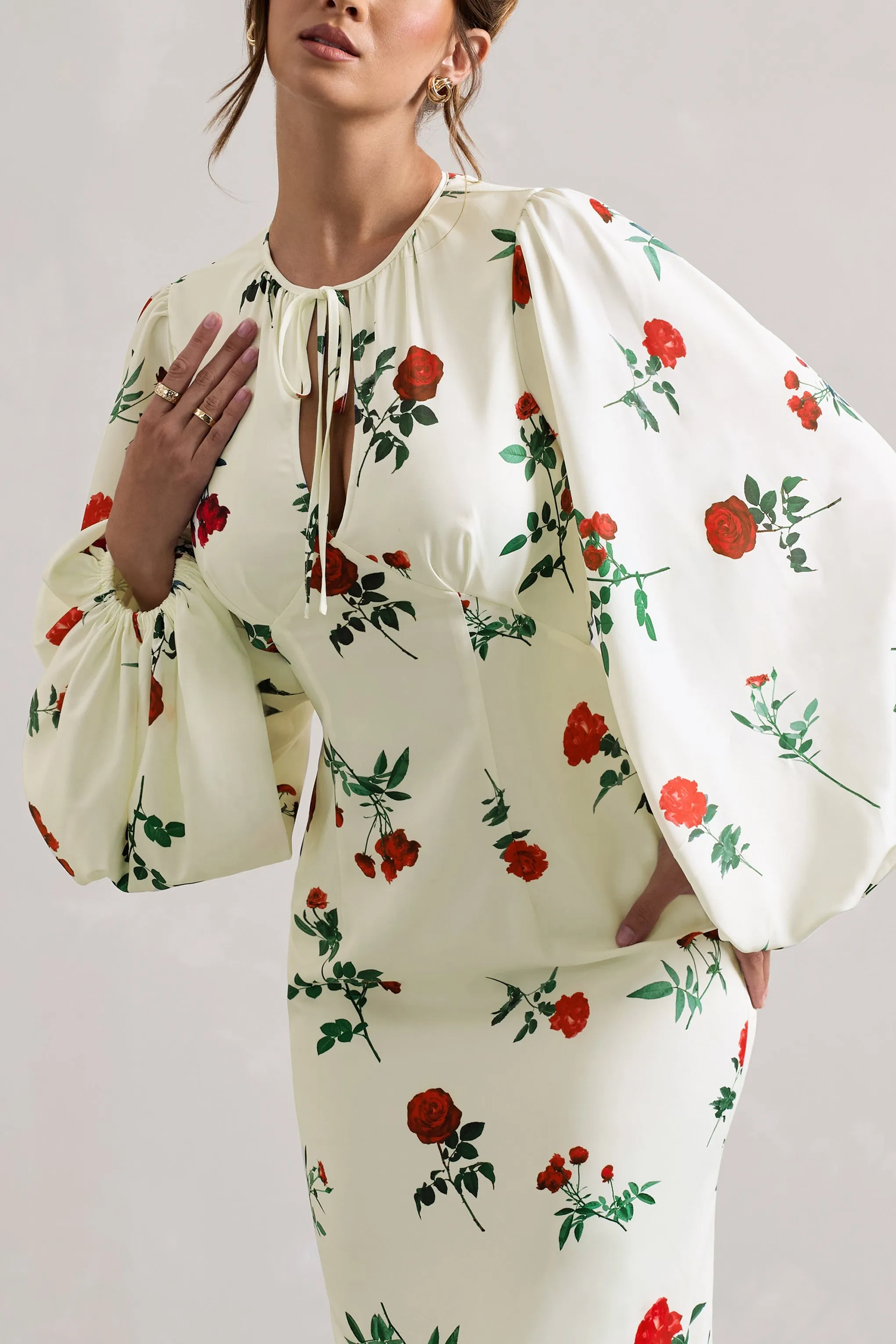Wild Rose | Rose Print Satin Puff-Sleeve Cut-Out Maxi Dress sold by Club L London product image thumbnail 3