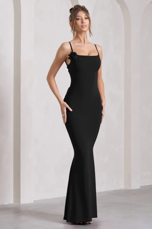 Alora | Black Strappy Lace-Up Maxi Dress With Flower Corsage sold by Club L London