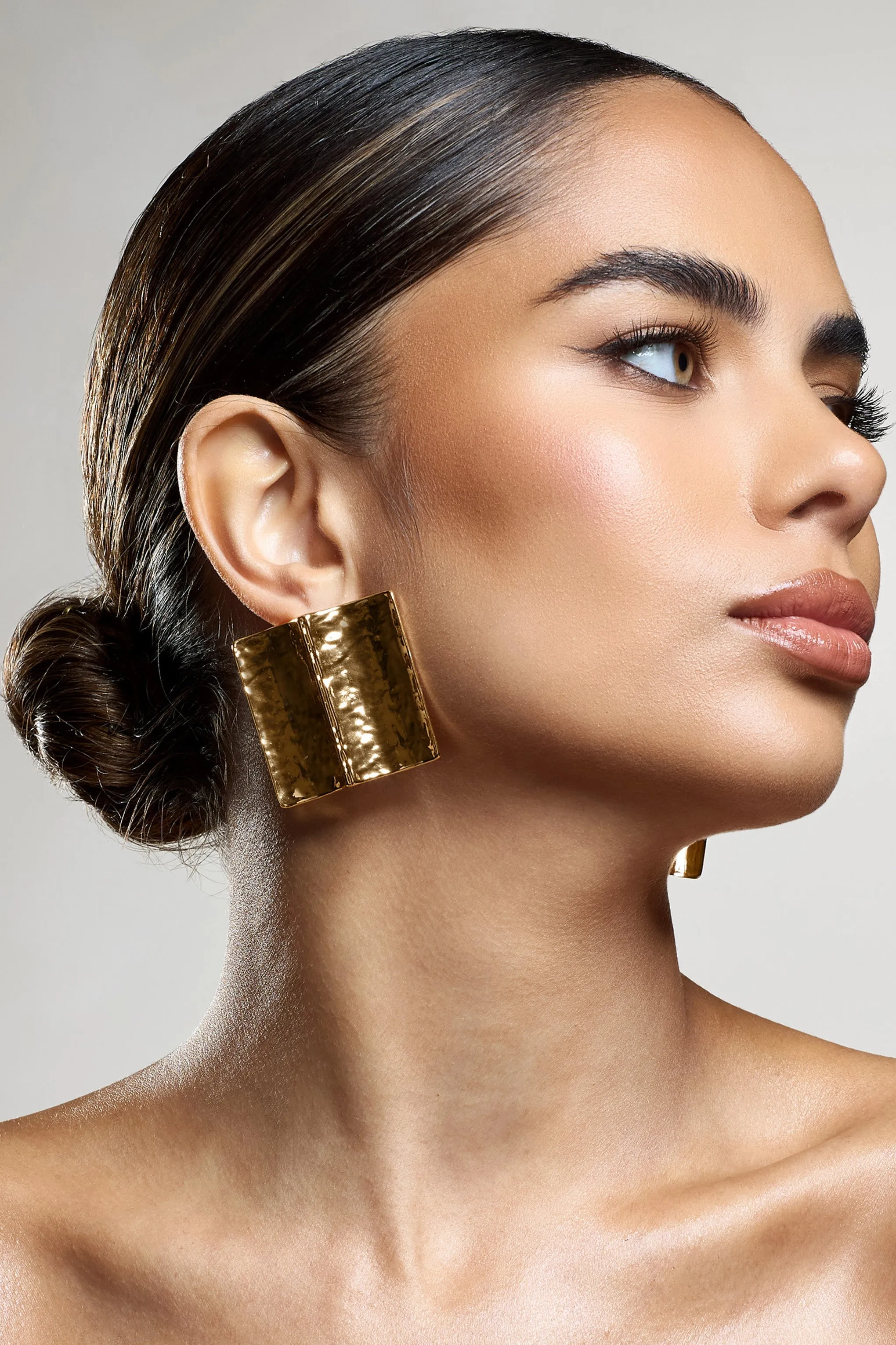 Serengeti | Gold Hammered Square Statement Earrings sold by Club L London product image thumbnail 3