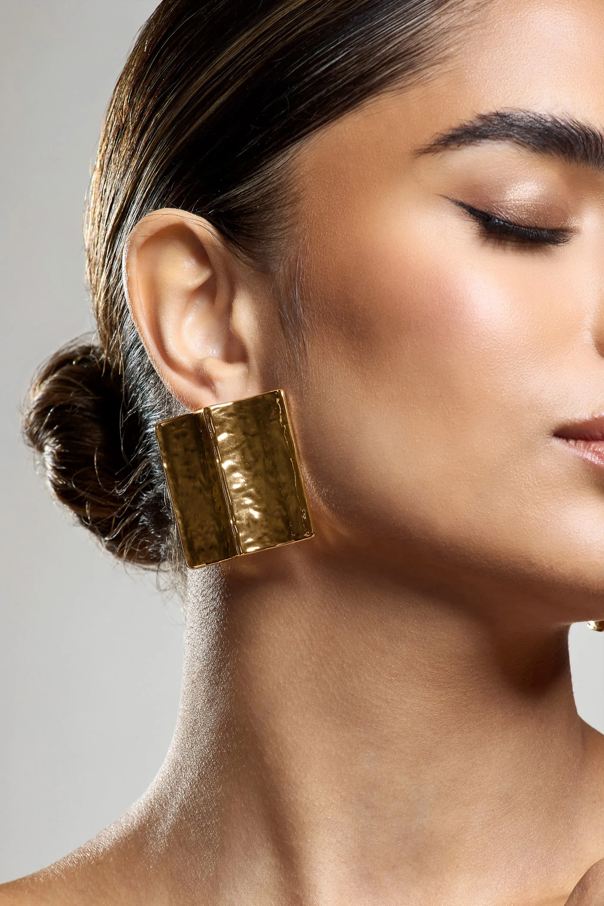 Serengeti | Gold Hammered Square Statement Earrings sold by Club L London product image thumbnail 4