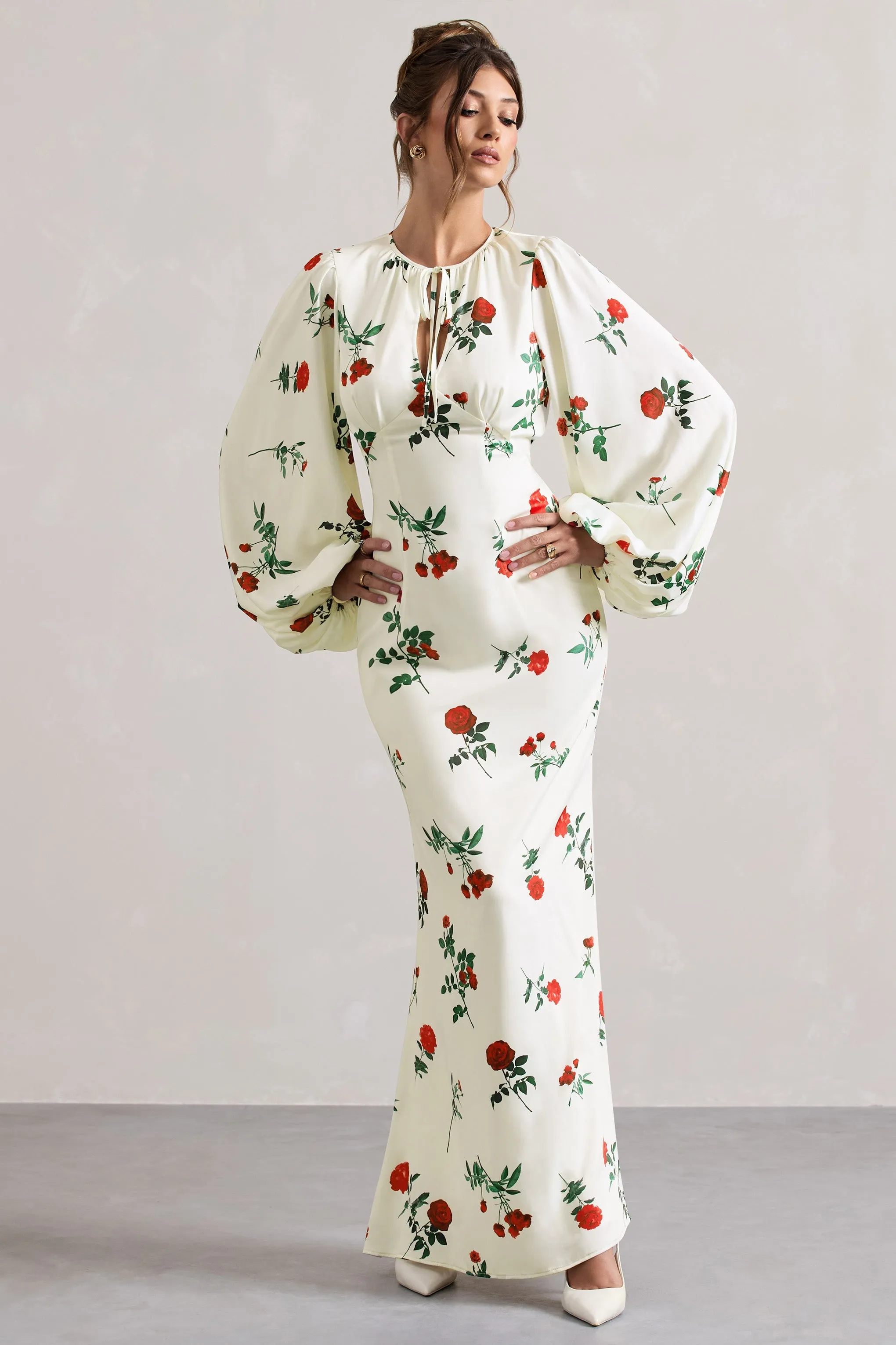 Wild Rose | Rose Print Satin Puff-Sleeve Cut-Out Maxi Dress sold by Club L London