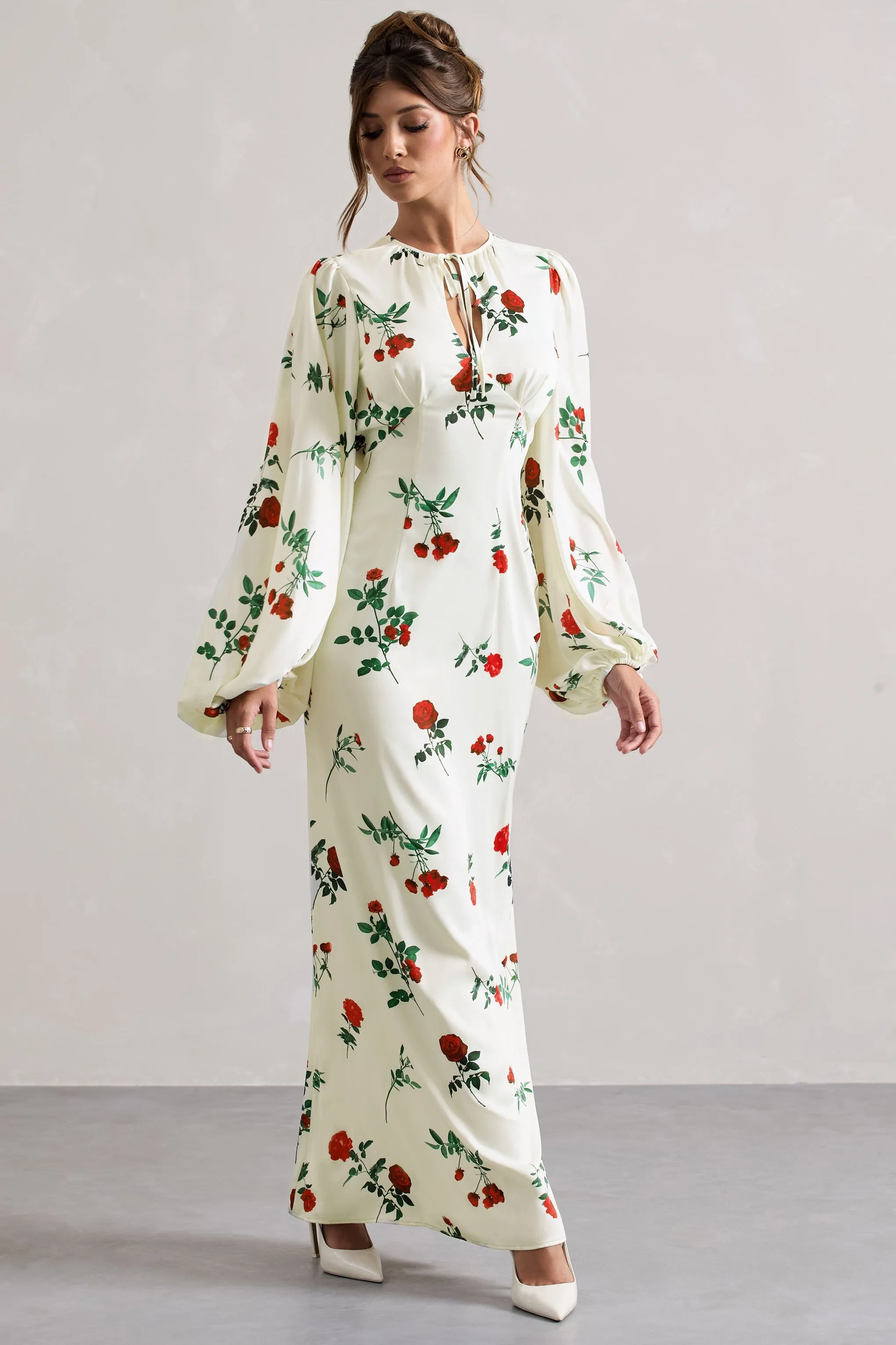 Wild Rose | Rose Print Satin Puff-Sleeve Cut-Out Maxi Dress sold by Club L London product image thumbnail 4