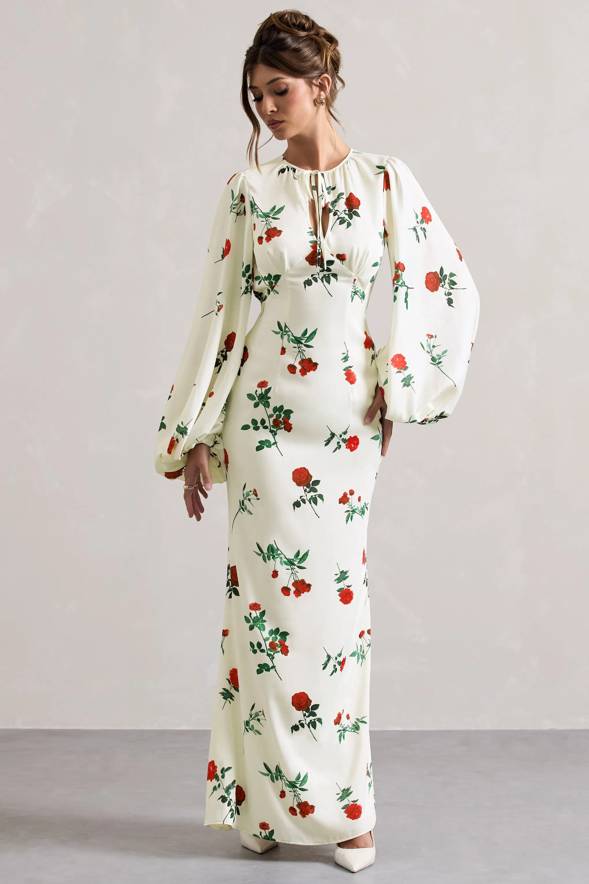 Wild Rose | Rose Print Satin Puff-Sleeve Cut-Out Maxi Dress sold by Club L London product image thumbnail 5