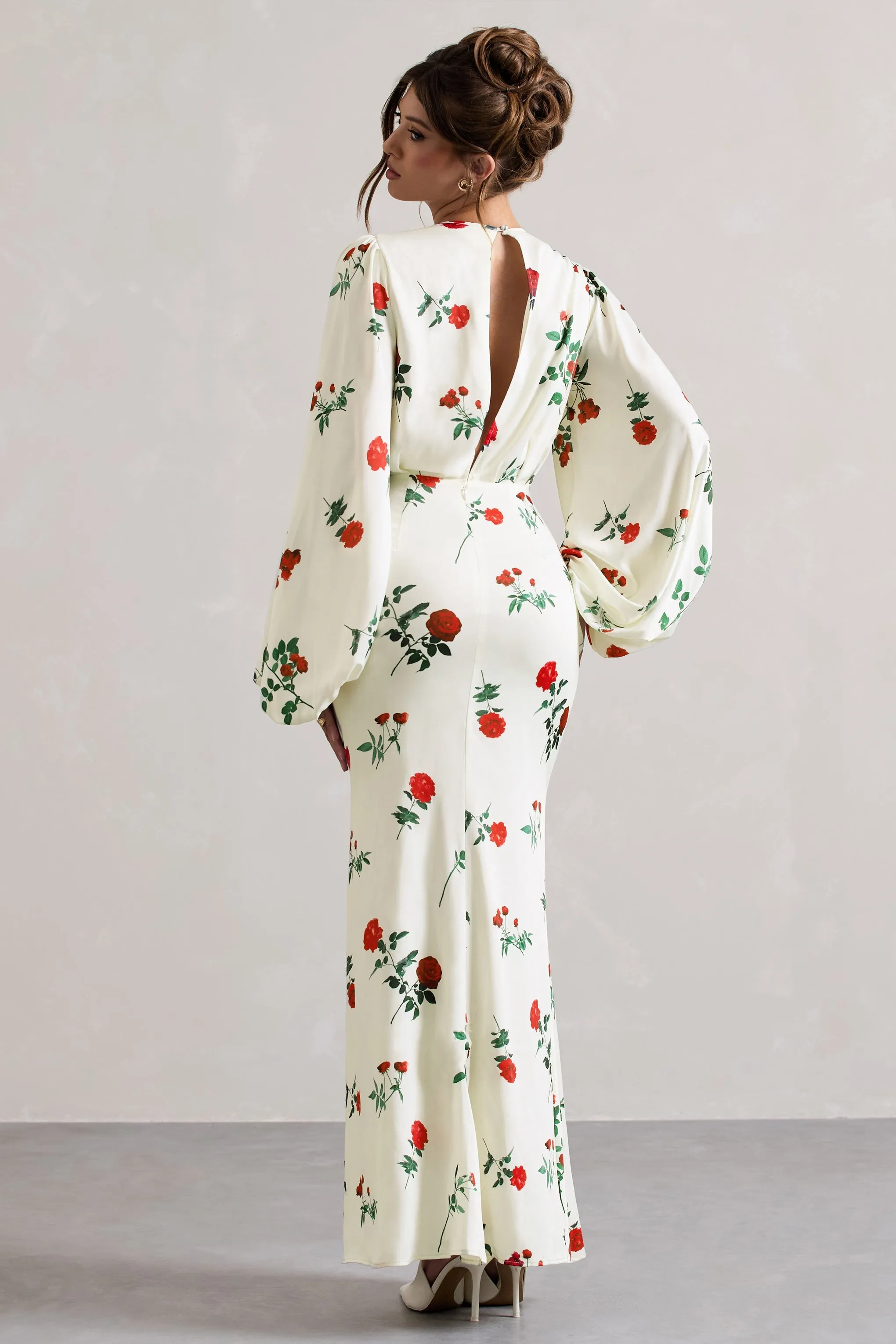 Wild Rose | Rose Print Satin Puff-Sleeve Cut-Out Maxi Dress sold by Club L London product image thumbnail 2