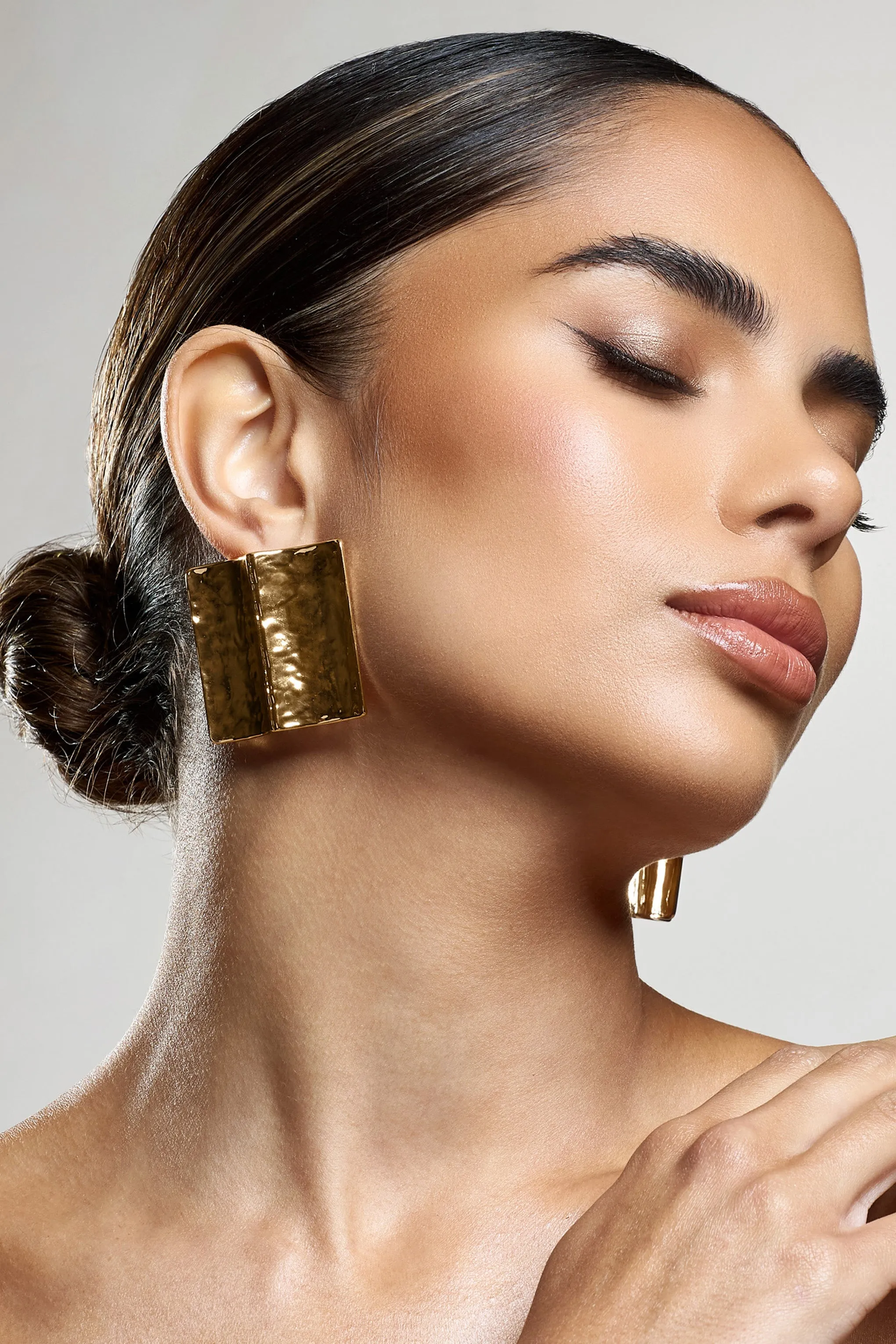 Serengeti | Gold Hammered Square Statement Earrings sold by Club L London product image thumbnail 2