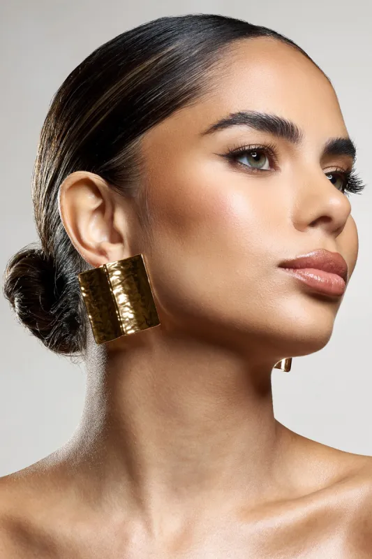 Serengeti | Gold Hammered Square Statement Earrings sold by Club L London