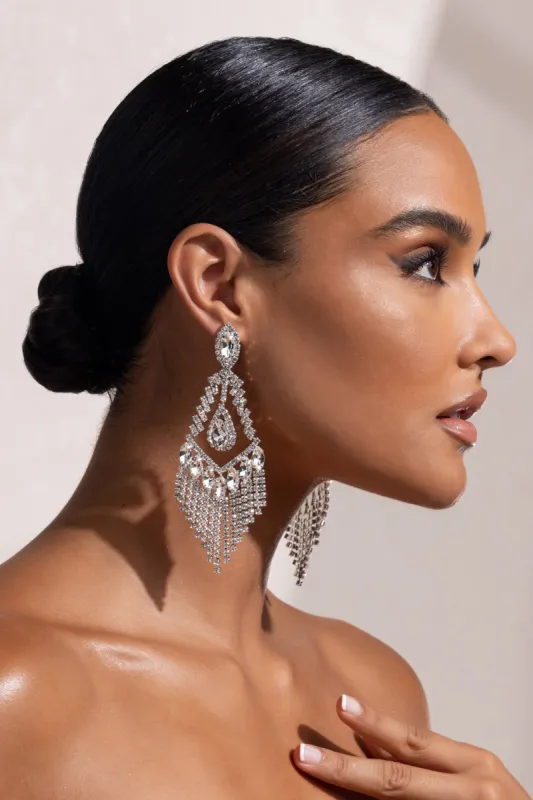 Bianca | Silver Crystal Teardrop Tassel Earrings sold by Club L London