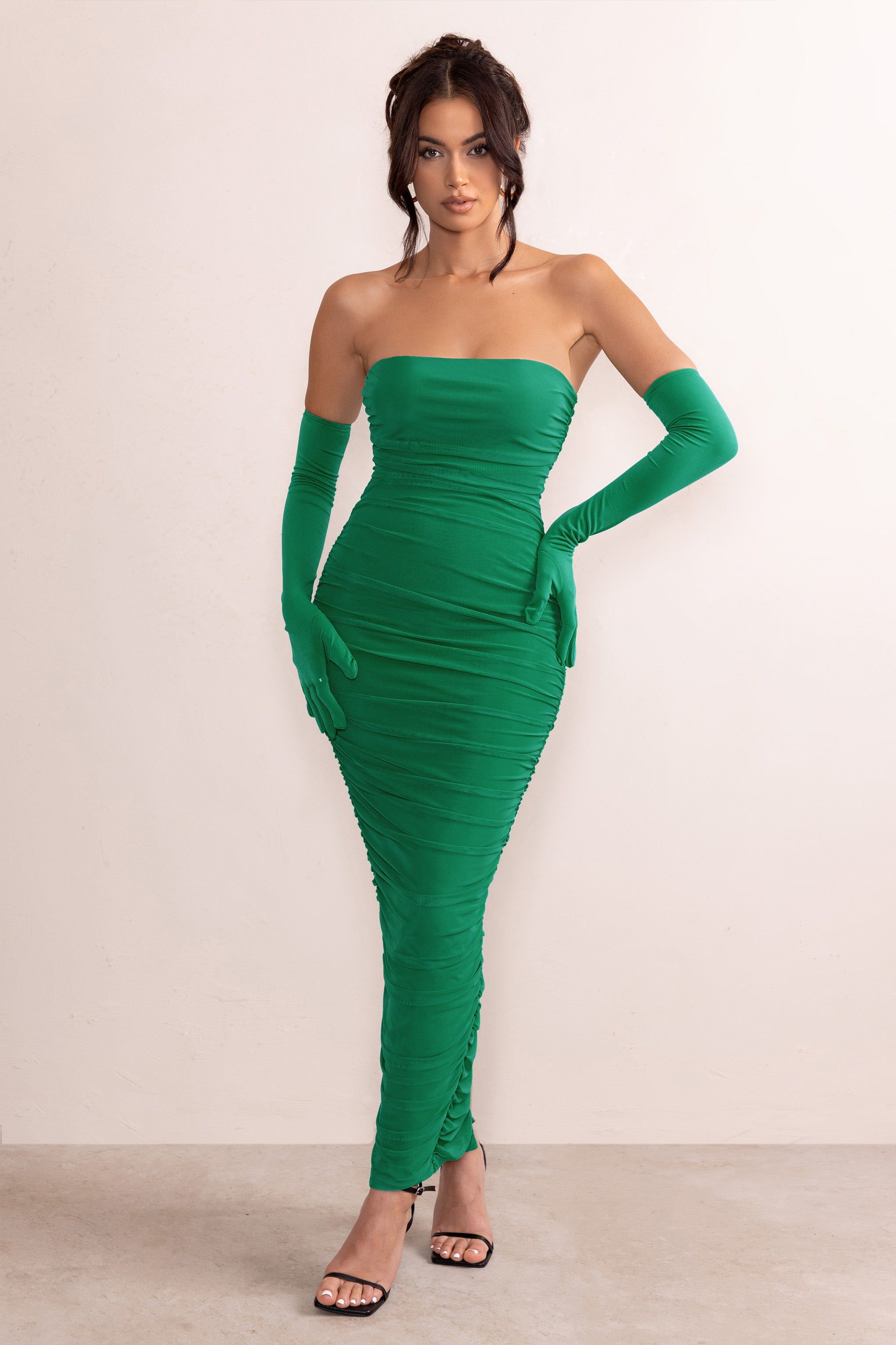 My Lady | Emerald Green Strapless Bodycon Ruched Mesh Maxi Dress sold by Club L London product image thumbnail 4