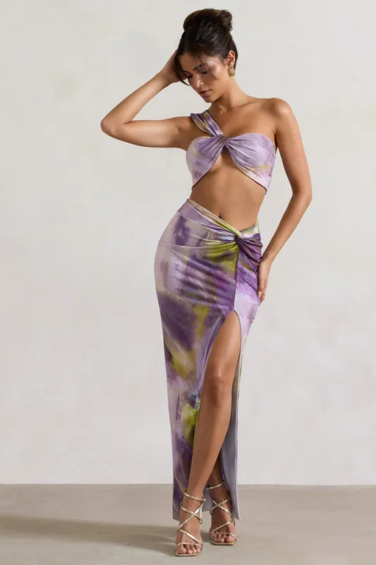 Tender Kiss | Lilac Print Knot Split Maxi Skirt sold by Club L London