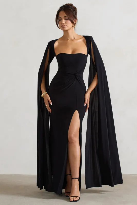 Claretta | Black Square Neck Twisted Maxi Dress With Cape Sleeves sold by Club L London