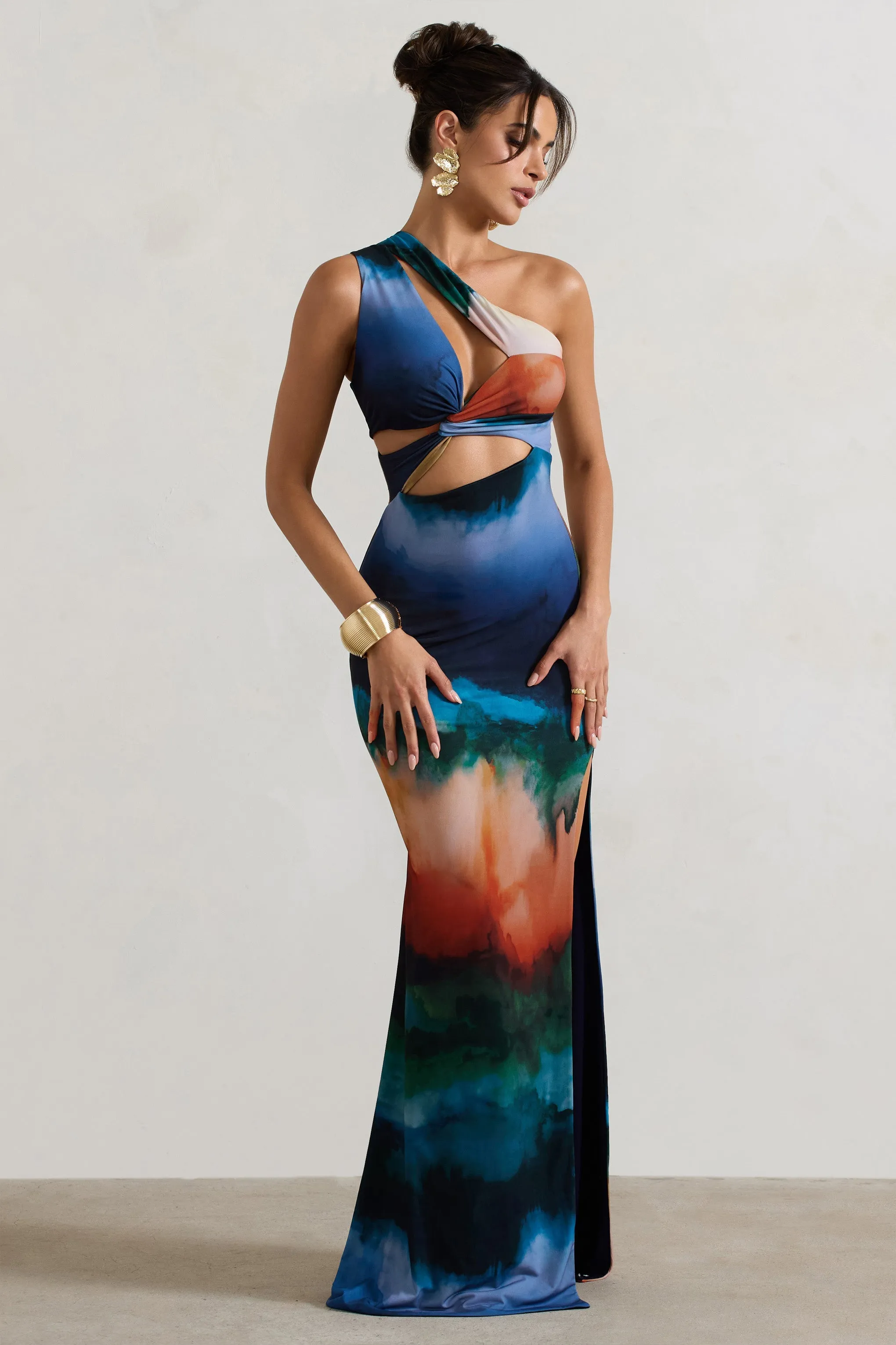 Mykonos | Multi Blur Print Asymmetric Cut-Out Split Maxi Dress sold by Club L London product image thumbnail 5