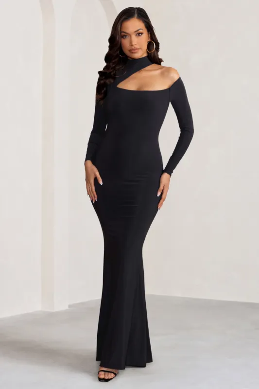 Farrah | Black High Neck Maxi Dress with Cut-Out Neckline sold by Club L London
