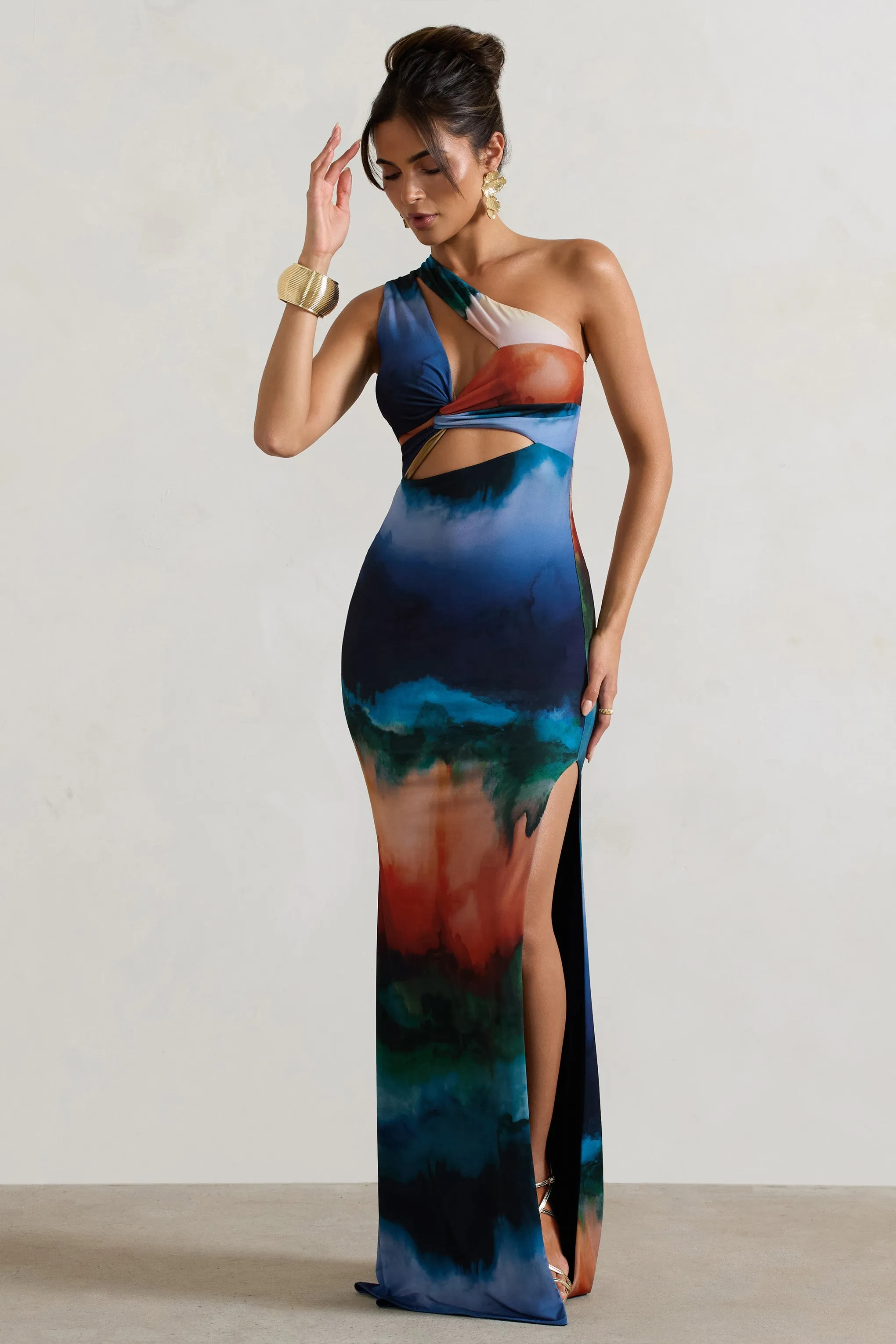 Mykonos | Multi Blur Print Asymmetric Cut-Out Split Maxi Dress sold by Club L London