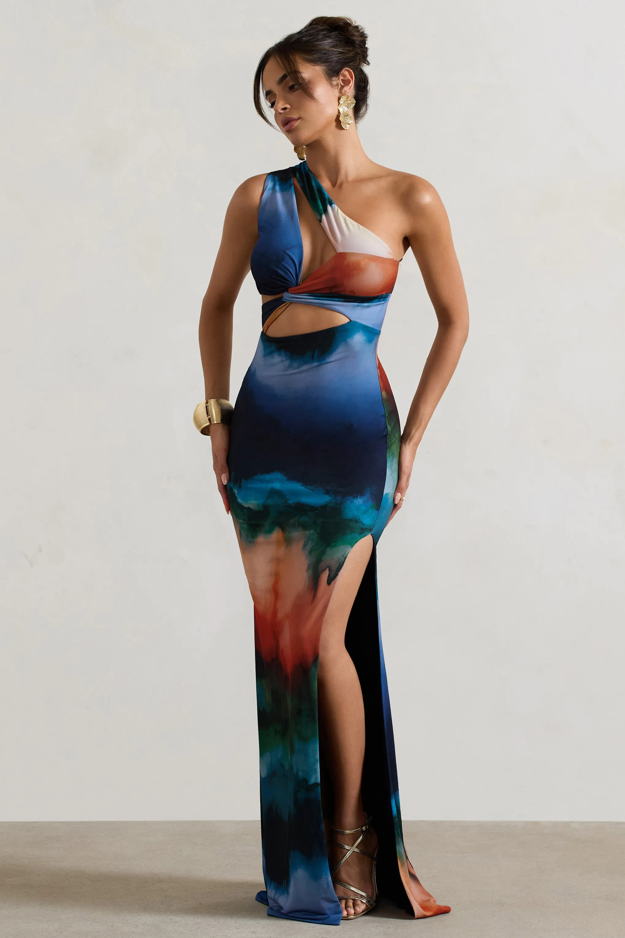 Mykonos | Multi Blur Print Asymmetric Cut-Out Split Maxi Dress sold by Club L London product image thumbnail 4