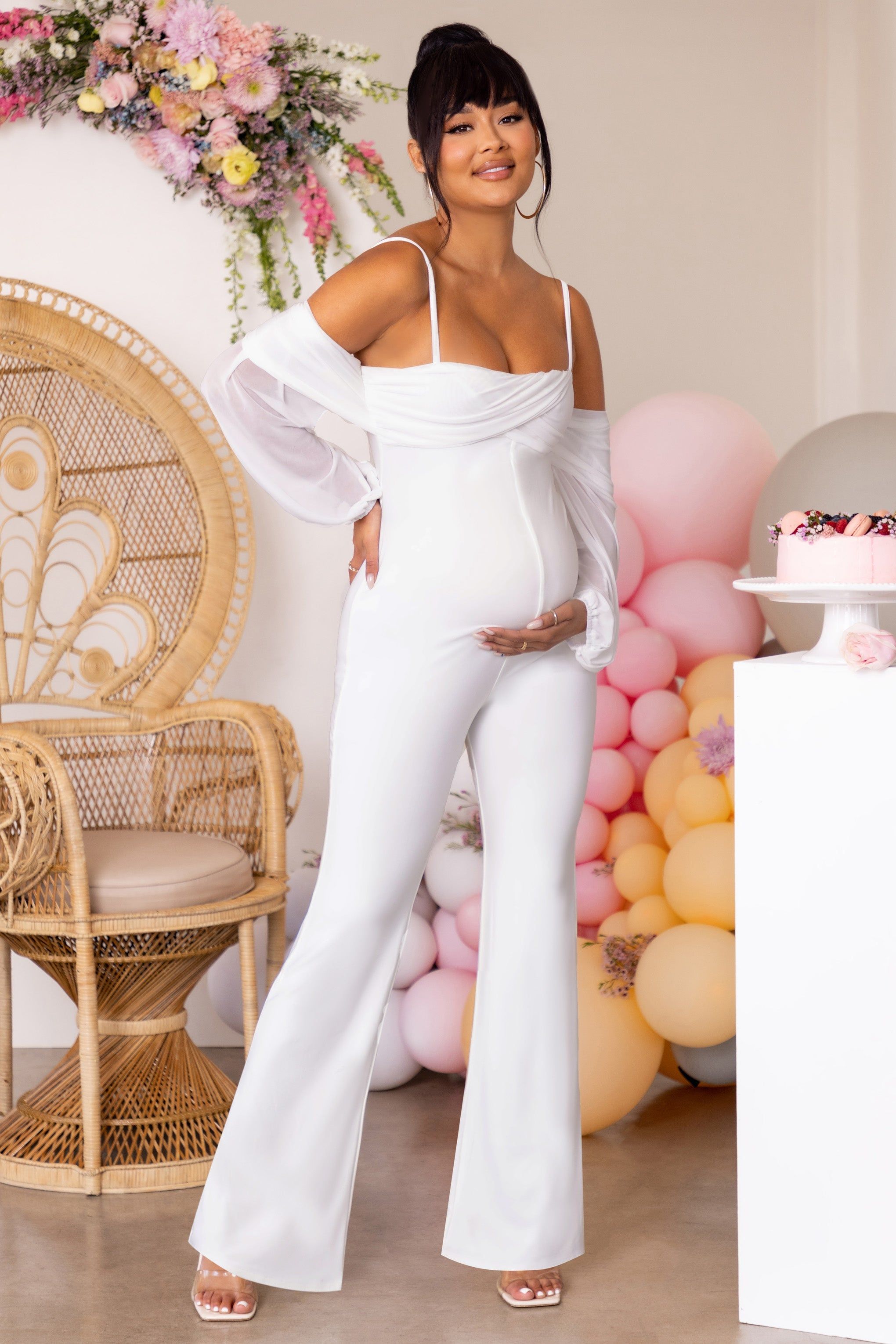 Baby Baby | White Maternity Ruched Bardot Jumpsuit sold by Club L London