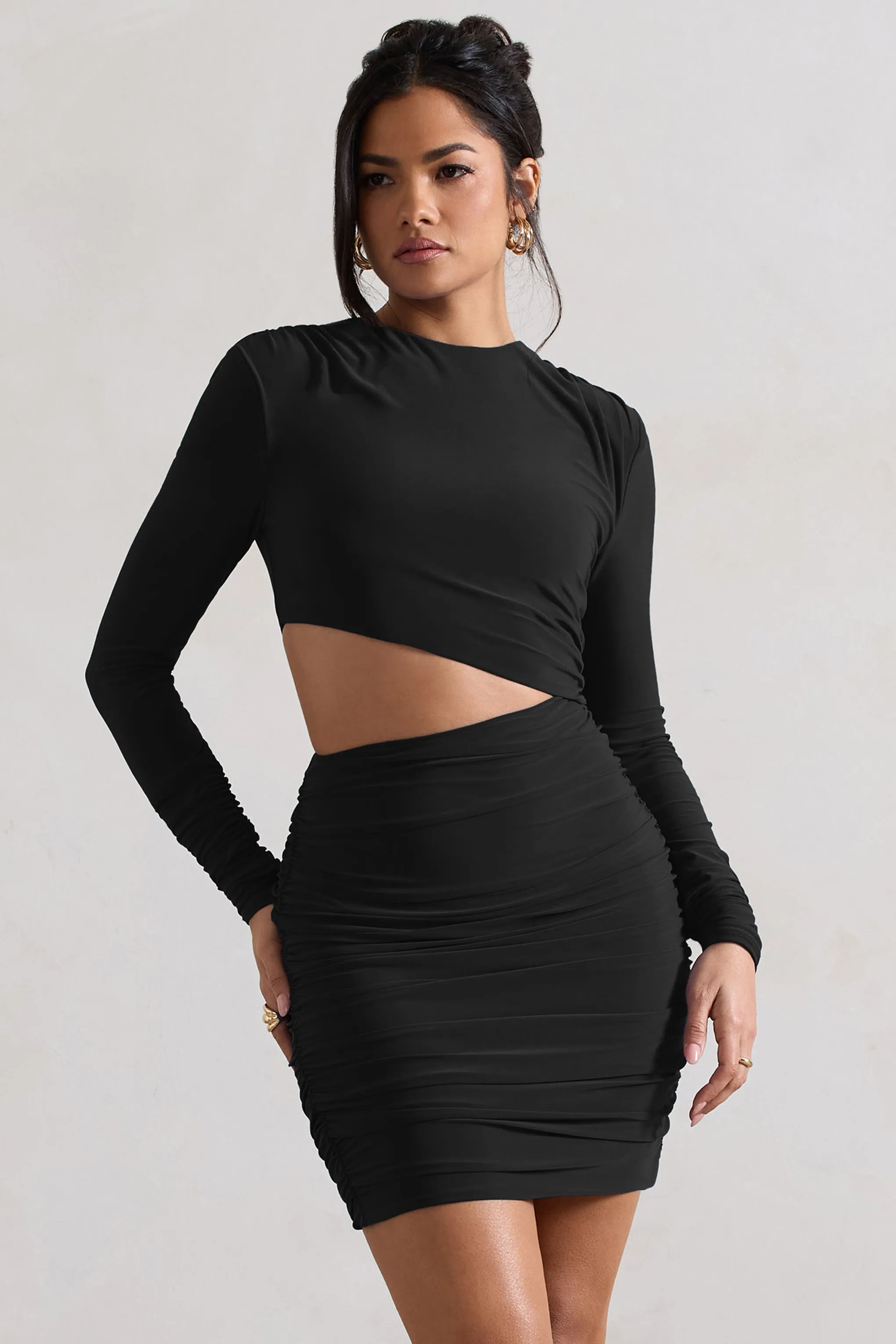 Tana | Black Ruched Bodycon Long Sleeve Cut-Out Mini Dress sold by Club L London product image thumbnail 4