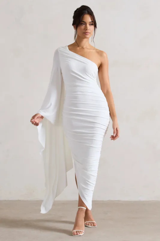 Halsey | White Ruched One Shoulder Cape Sleeve Asymmetric Midi Dress made by Club L London