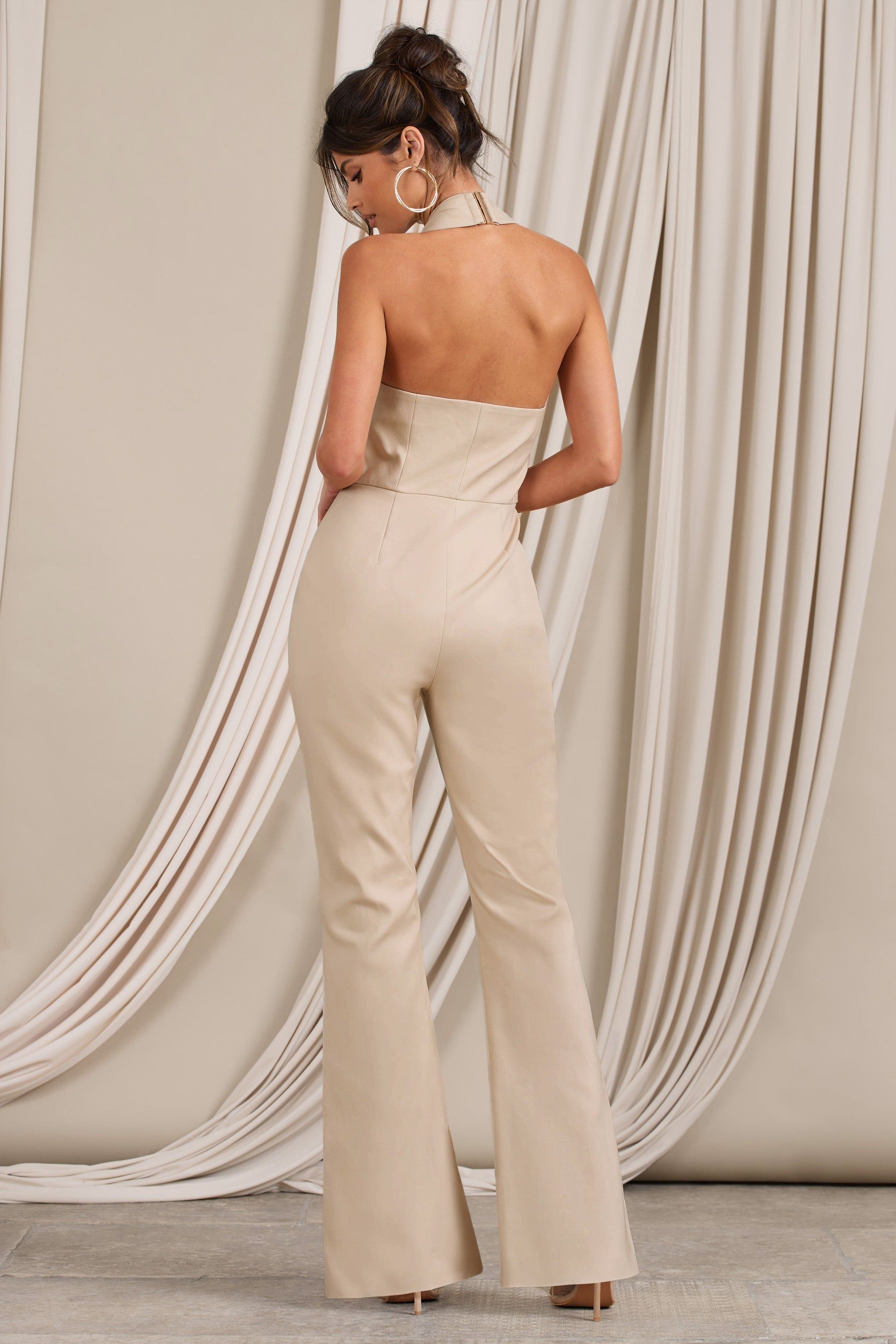 Don't Cross Me | Stone Halter Neck Tailored Buttoned Sleeveless Jumpsuit sold by Club L London product image thumbnail 2