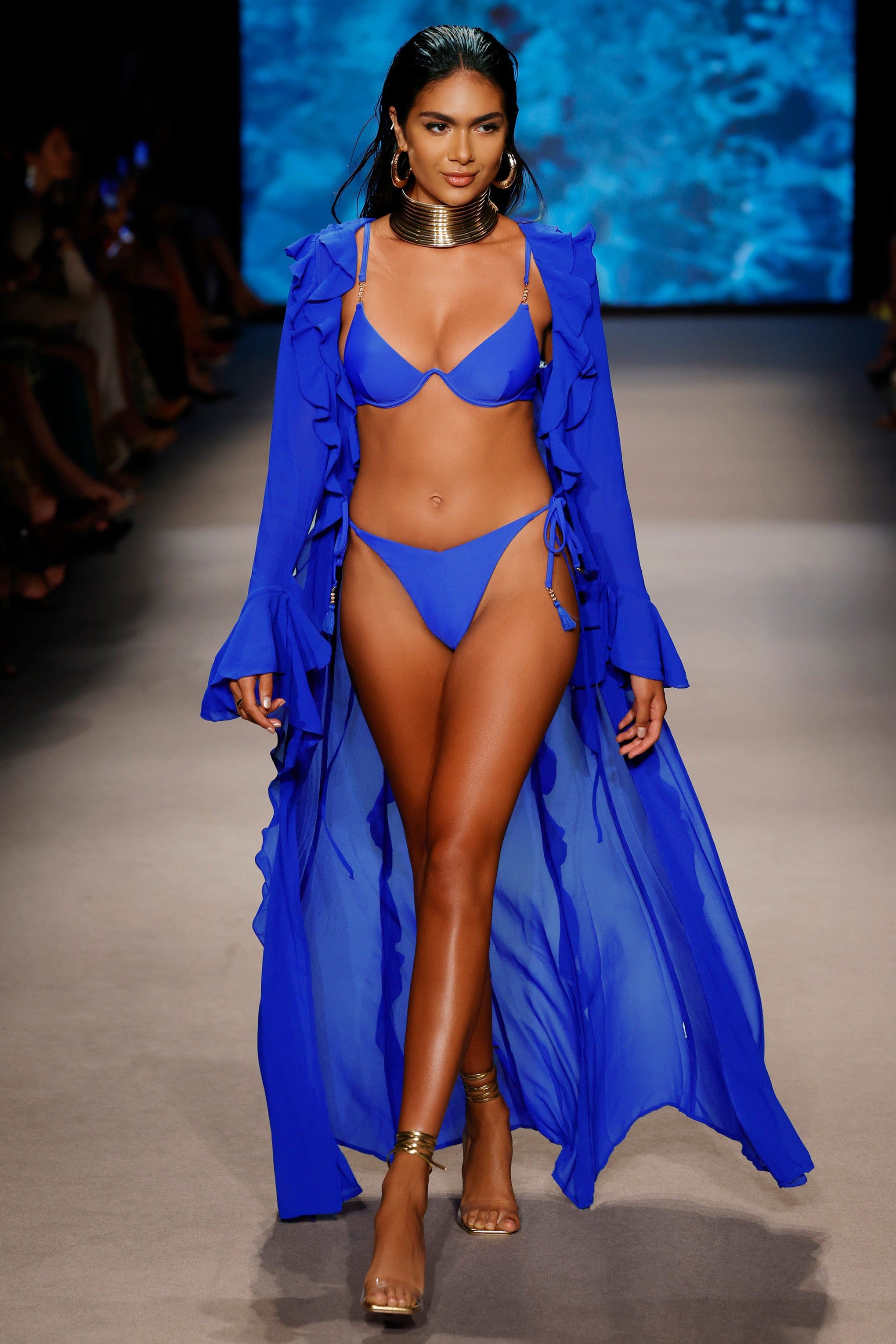 Cascades | Blue Long Sleeve Maxi Chiffon Ruffle Cover Up sold by Club L London product image thumbnail 5