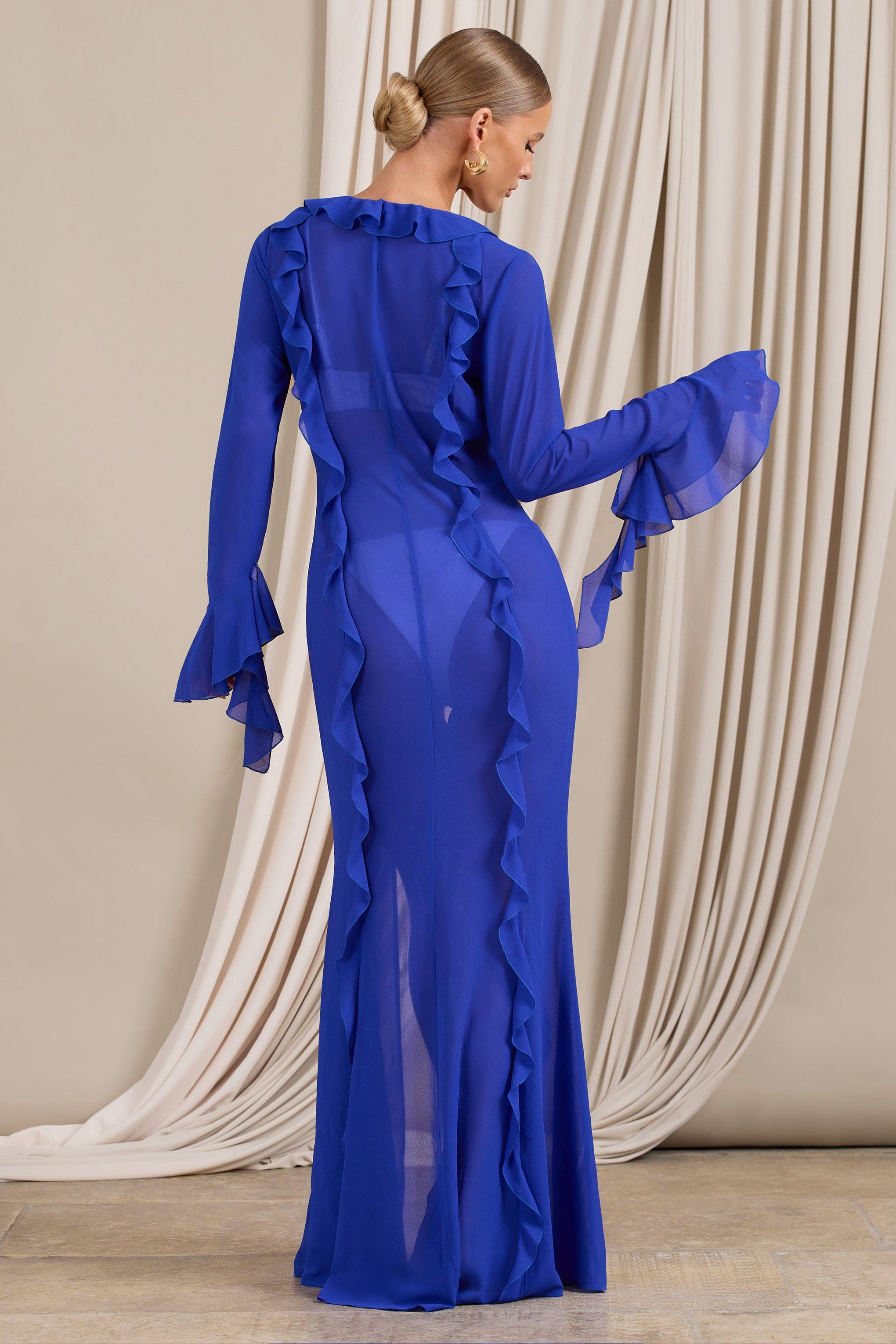 Cascades | Blue Long Sleeve Maxi Chiffon Ruffle Cover Up sold by Club L London product image thumbnail 2