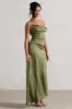 Santi | Olive Green Satin Cowl-Neck Asymmetric Maxi Dress sold by Club L London