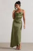 Santi | Olive Green Satin Cowl-Neck Asymmetric Maxi Dress sold by Club L London