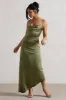 Santi | Olive Green Satin Cowl-Neck Asymmetric Maxi Dress sold by Club L London