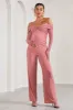 Kyla | Blush Pink Ruched Bardot Long-Sleeved Wide-Leg Maternity Jumpsuit sold by Club L London