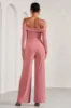 Kyla | Blush Pink Ruched Bardot Long-Sleeved Wide-Leg Maternity Jumpsuit sold by Club L London
