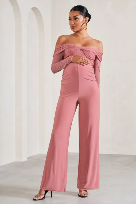 Kyla | Blush Pink Ruched Bardot Long-Sleeved Wide-Leg Maternity Jumpsuit sold by Club L London