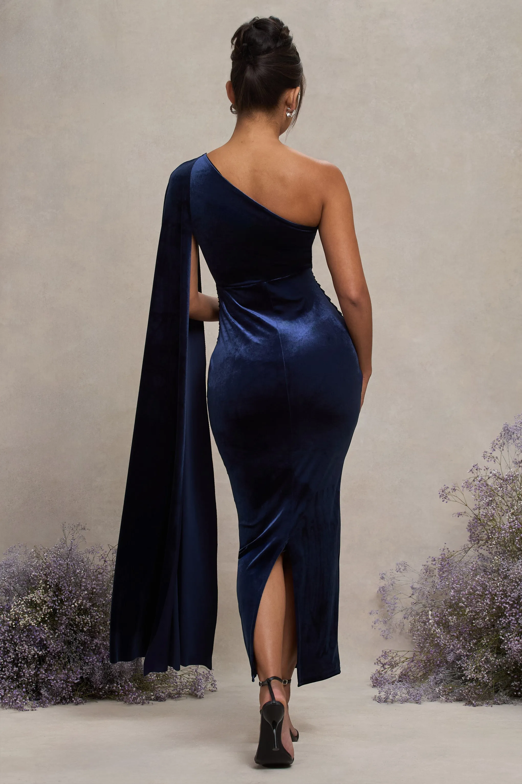 Amaryllis | Navy Velvet Maternity One Shoulder Maxi Dress with Cape Sleeve sold by Club L London product image thumbnail 2