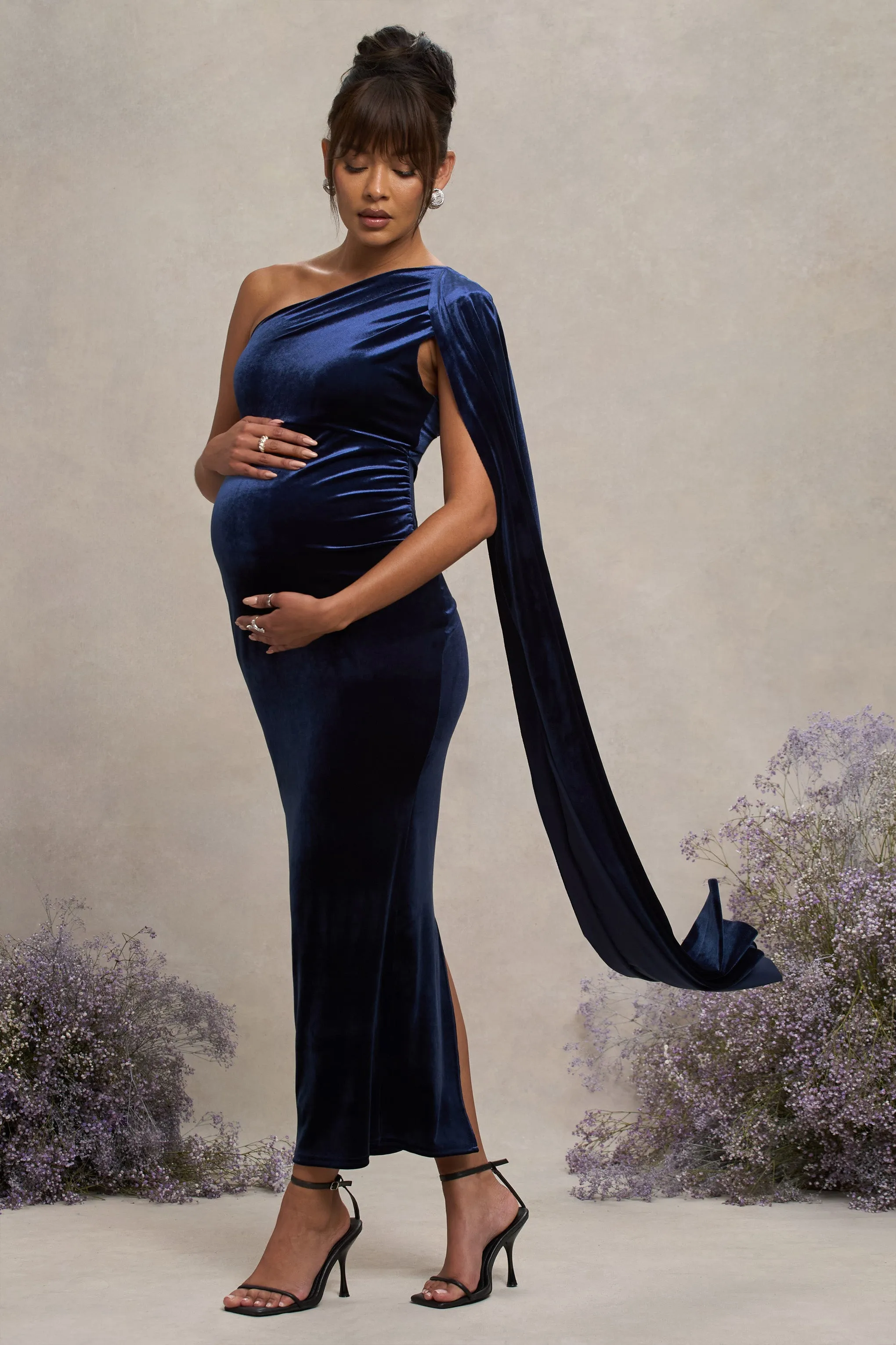 Amaryllis | Navy Velvet Maternity One Shoulder Maxi Dress with Cape Sleeve sold by Club L London product image thumbnail 4