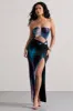 Getaway | Purple Print Bandeau Cut-Out Maxi Dress With Twist sold by Club L London